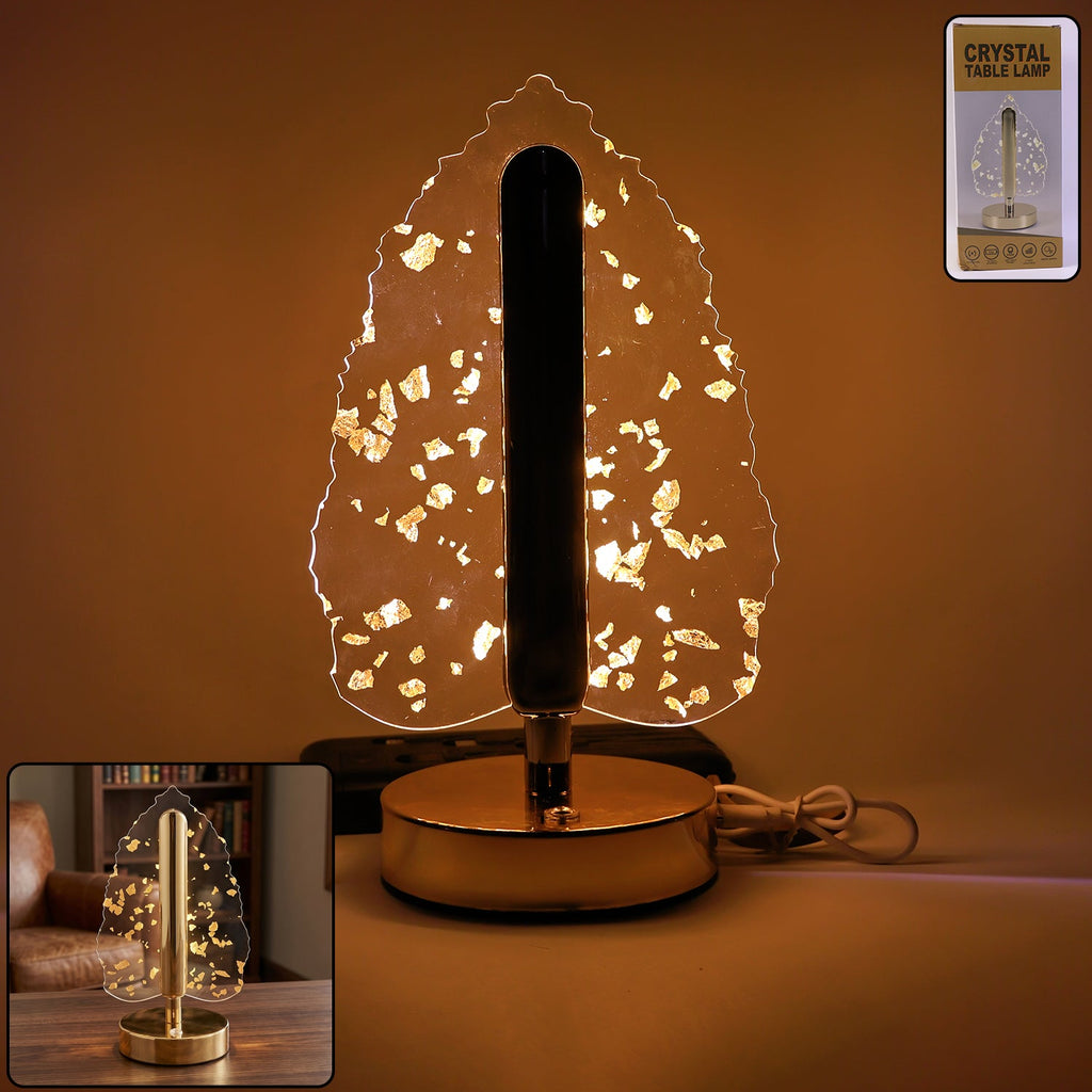 Golden crystal leaf-shaped LED table lamp showcasing crystal and gold flakes design