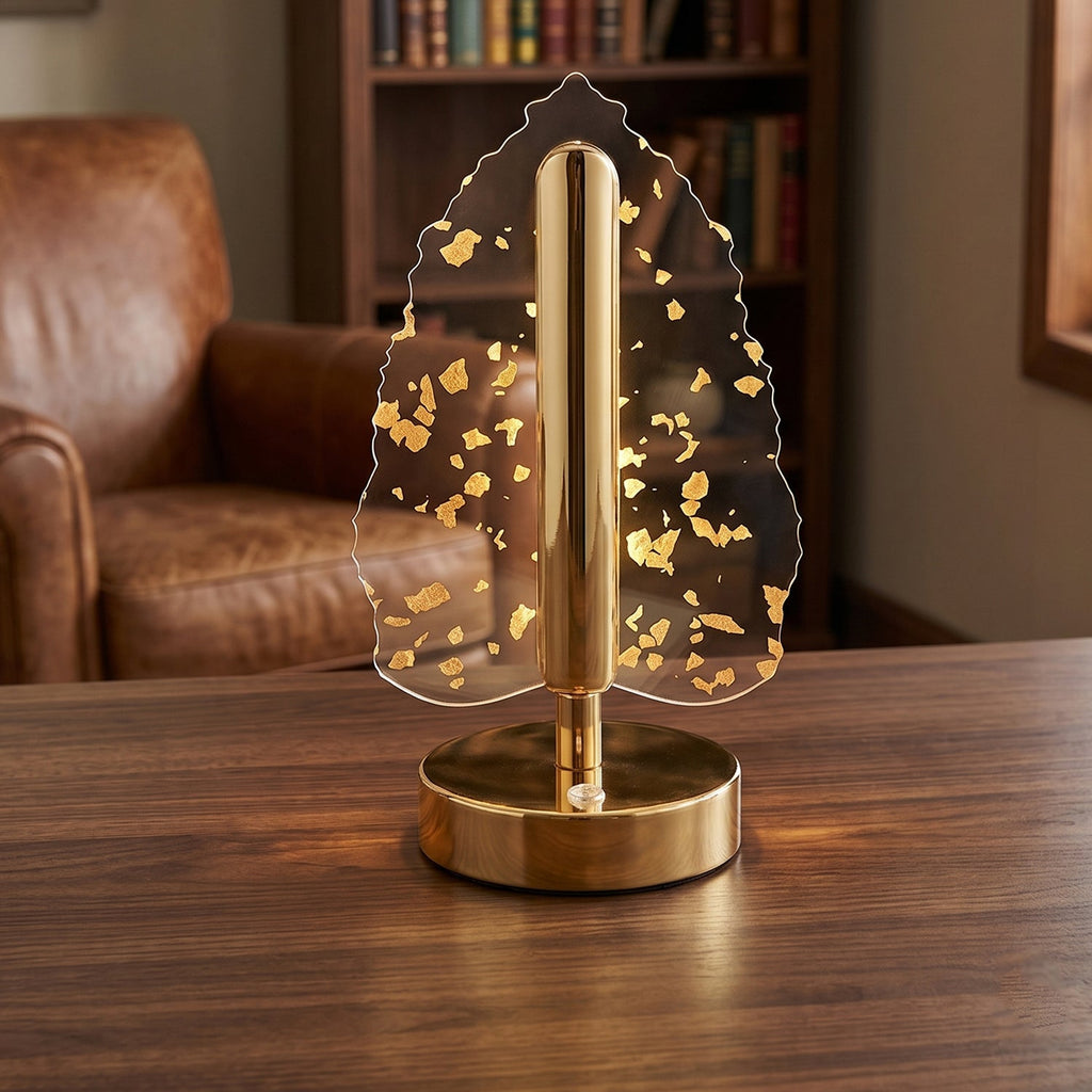 Golden crystal leaf LED lamp side profile with illuminated leaf design