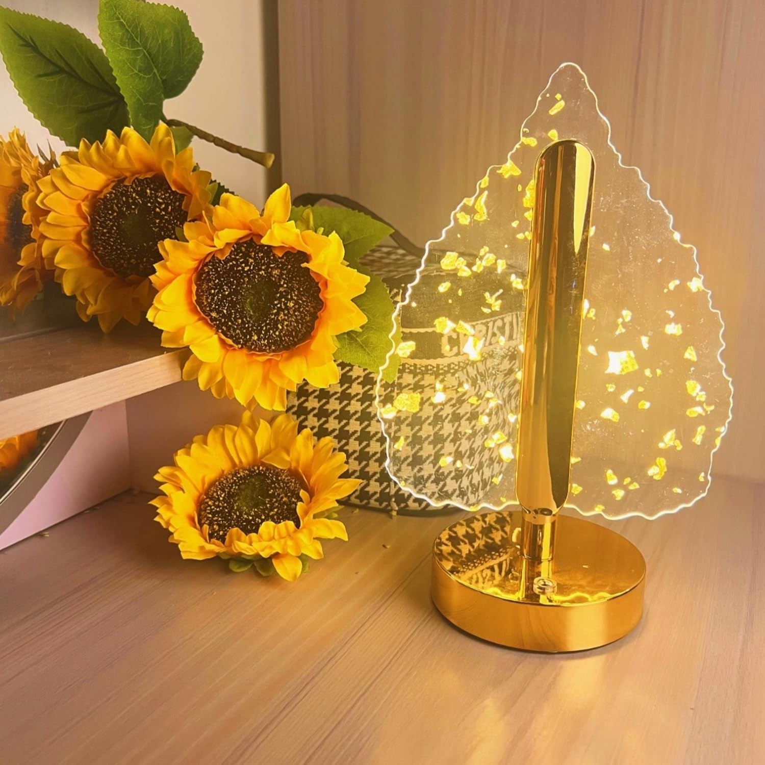 Golden crystal leaf LED lamp displayed from a top angle