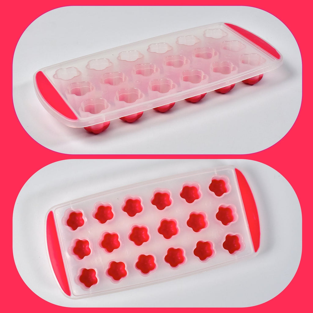 Elegant flower ice tray and finished flower-shaped ice cubes displayed on a table.