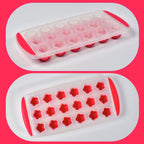 Elegant flower ice tray and finished flower-shaped ice cubes displayed on a table.
