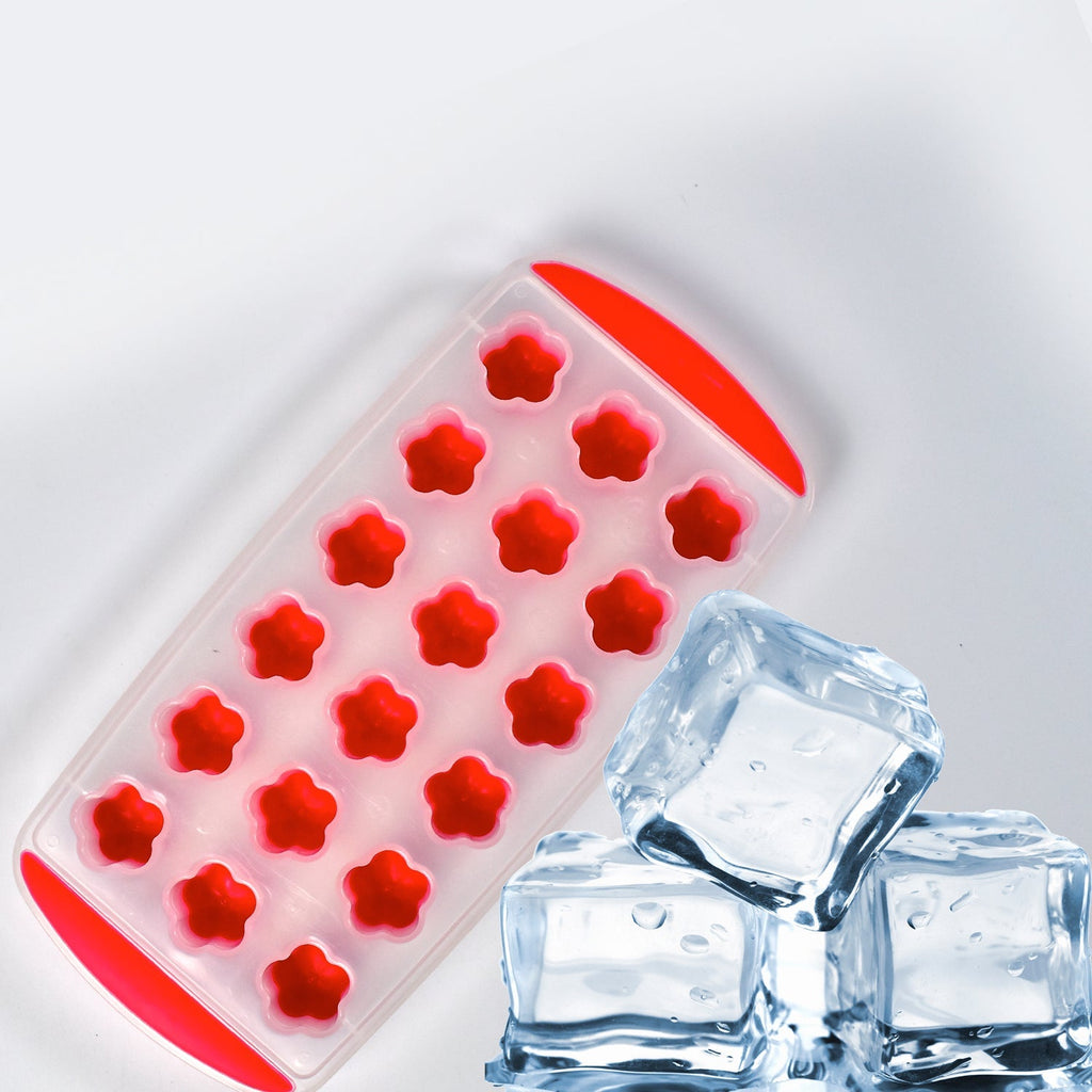 Easy release flower-shaped ice cubes elegantly removed from the silicone tray.