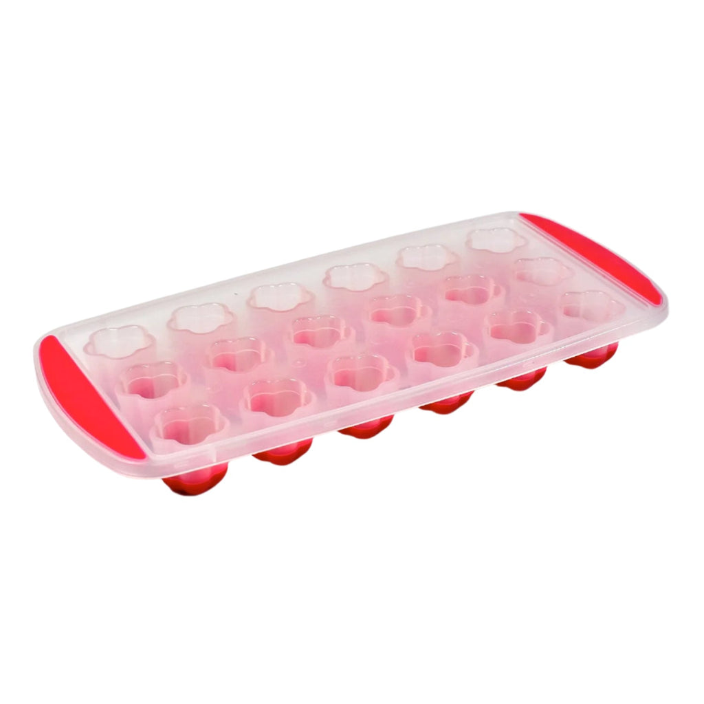 Silicone flower ice tray filled with water, ready for freezing on a kitchen counter.