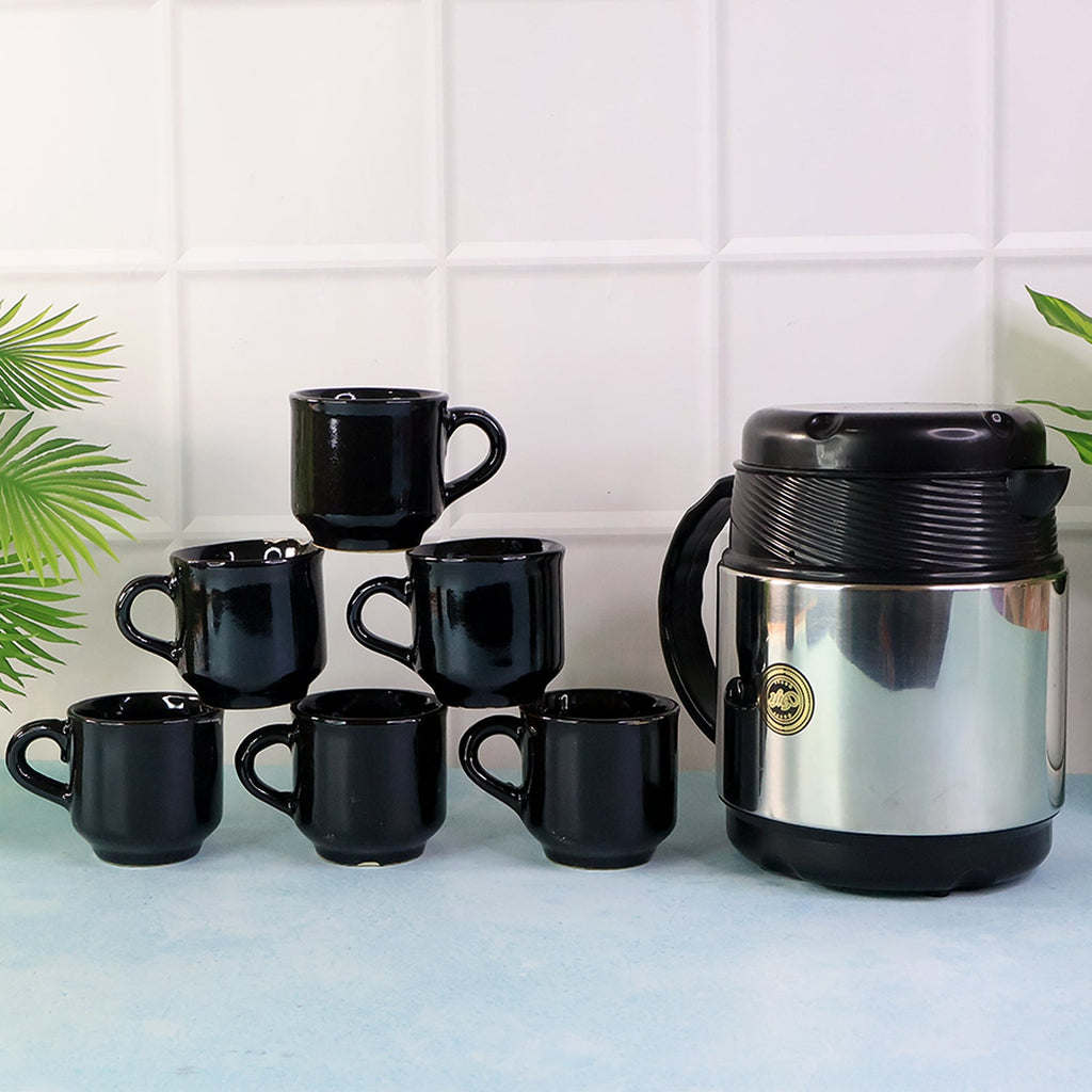 Insulated thermos flask with six black ceramic cups for hot tea and coffee serving