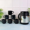Insulated thermos flask with six black ceramic cups for hot tea and coffee serving