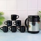 Insulated thermos flask with six black ceramic cups for hot tea and coffee serving