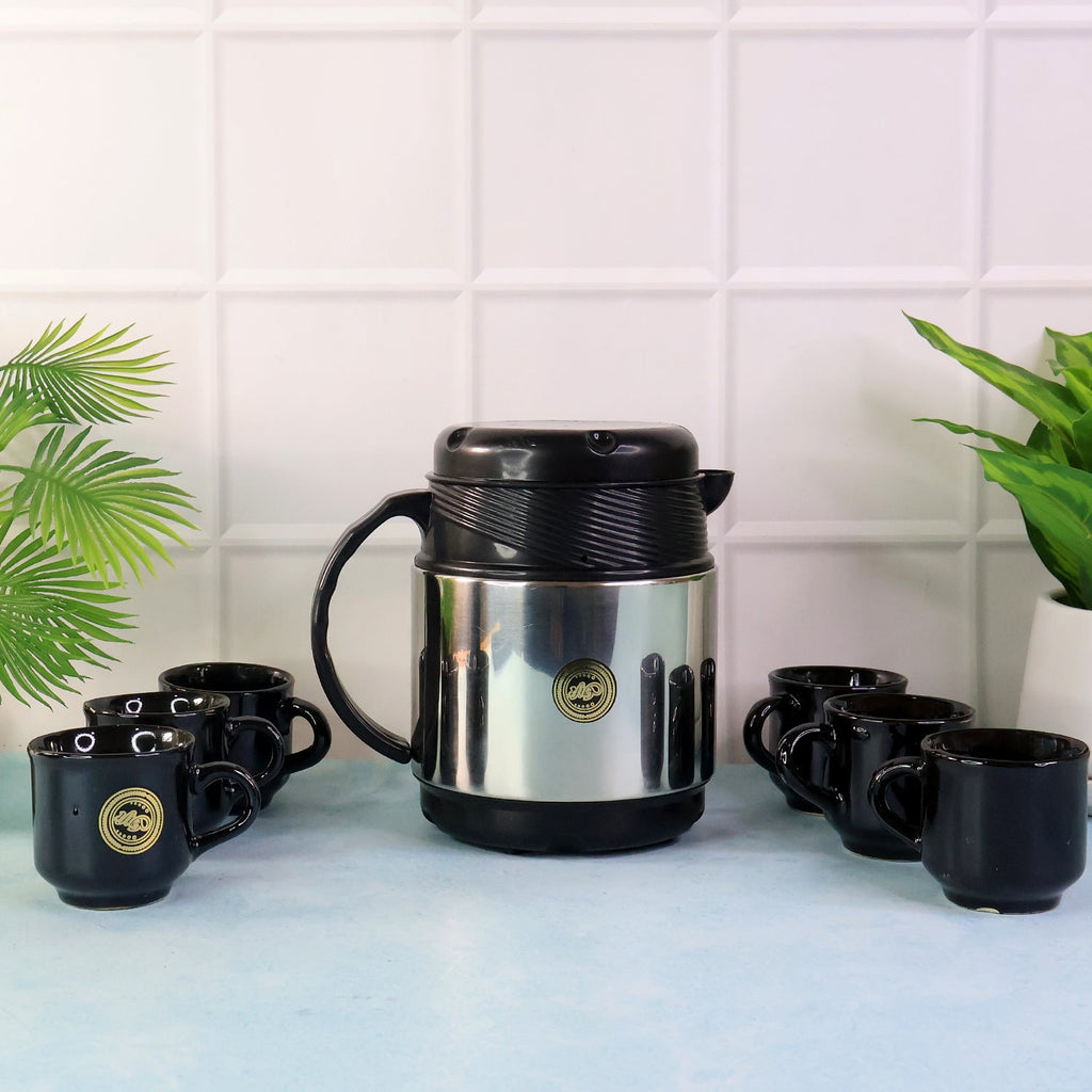 Black insulated coffee thermos flask paired with ceramic cups for hot beverages