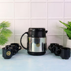 Black insulated coffee thermos flask paired with ceramic cups for hot beverages