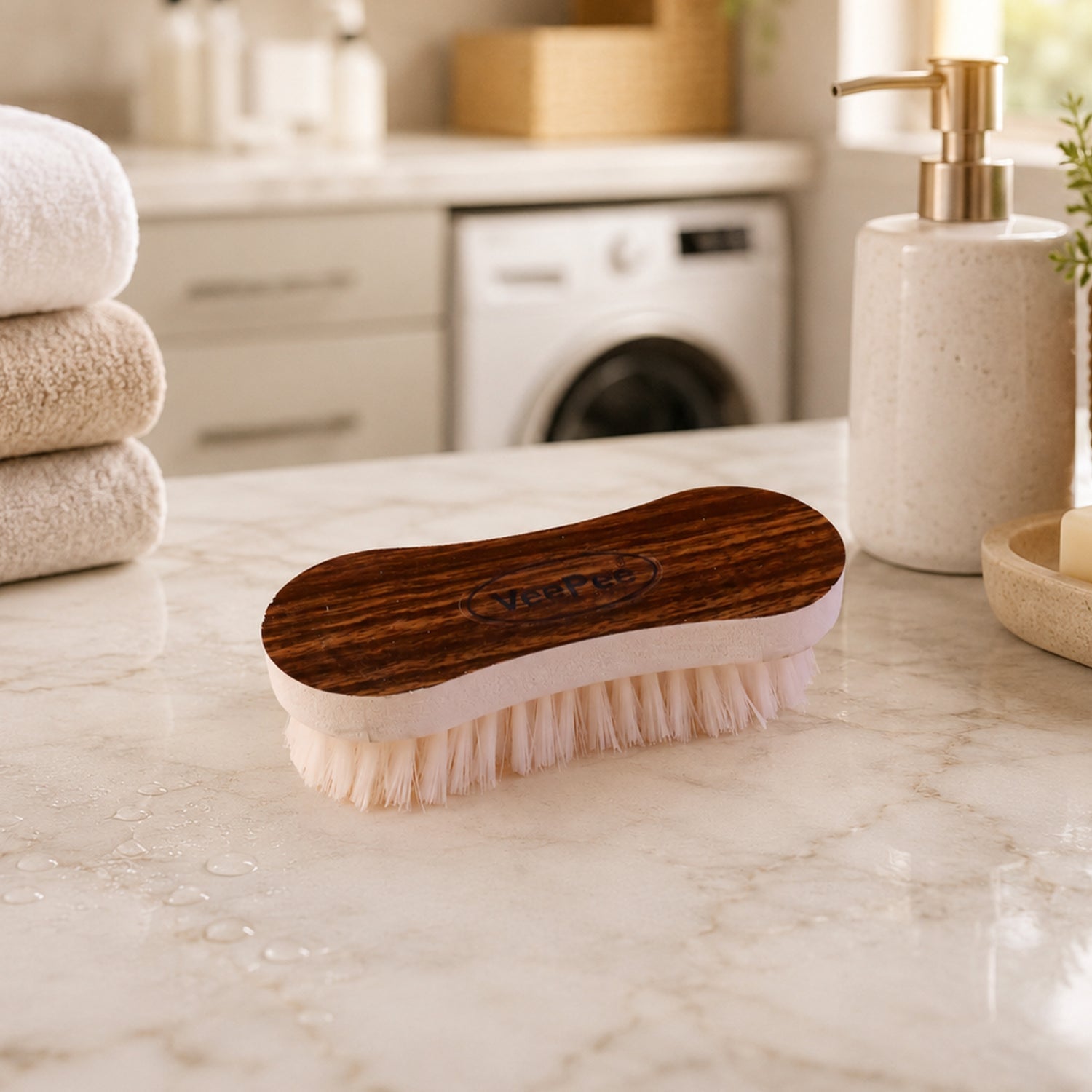 Main view of the ergonomic curved laundry cleaning brush