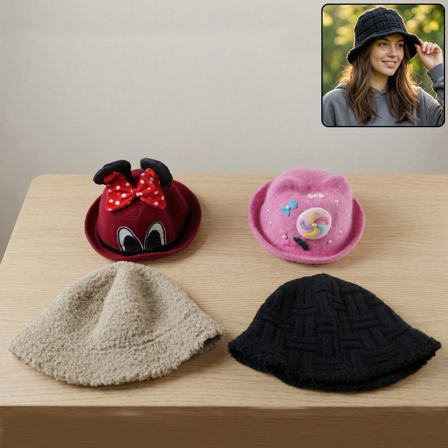 Bucket cap styled for winter outdoor wear