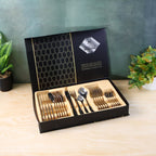 Detailed view of knives and forks in 24 Pc polished stainless steel cutlery set