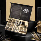 Top view of cutlery set showing polished stainless steel spoons and forks