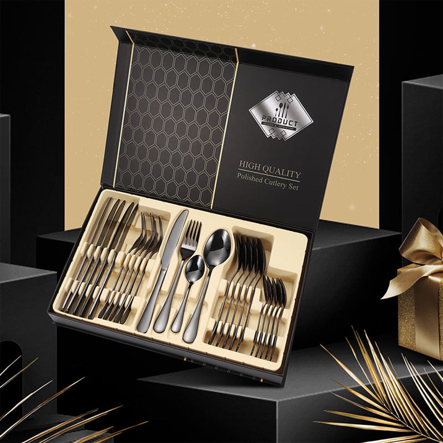 Top view of cutlery set showing polished stainless steel spoons and forks