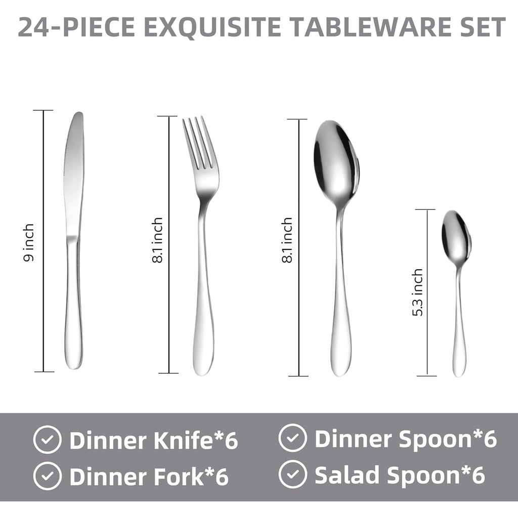 Size comparison chart for 24 Pc stainless steel polished cutlery set