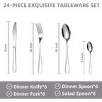 Size comparison chart for 24 Pc stainless steel polished cutlery set