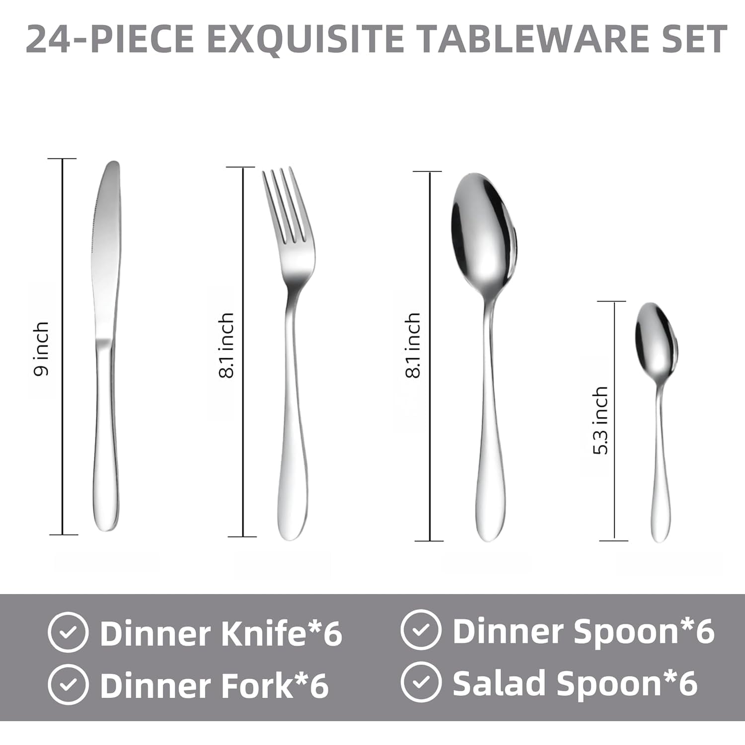 Size comparison chart for 24 Pc stainless steel polished cutlery set