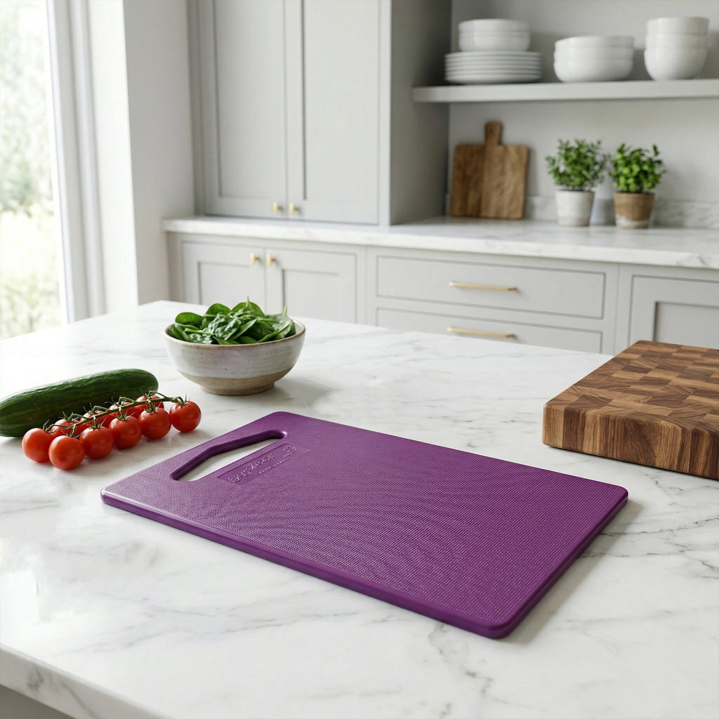 Unbreakable cutting board featuring built-in handle for portability