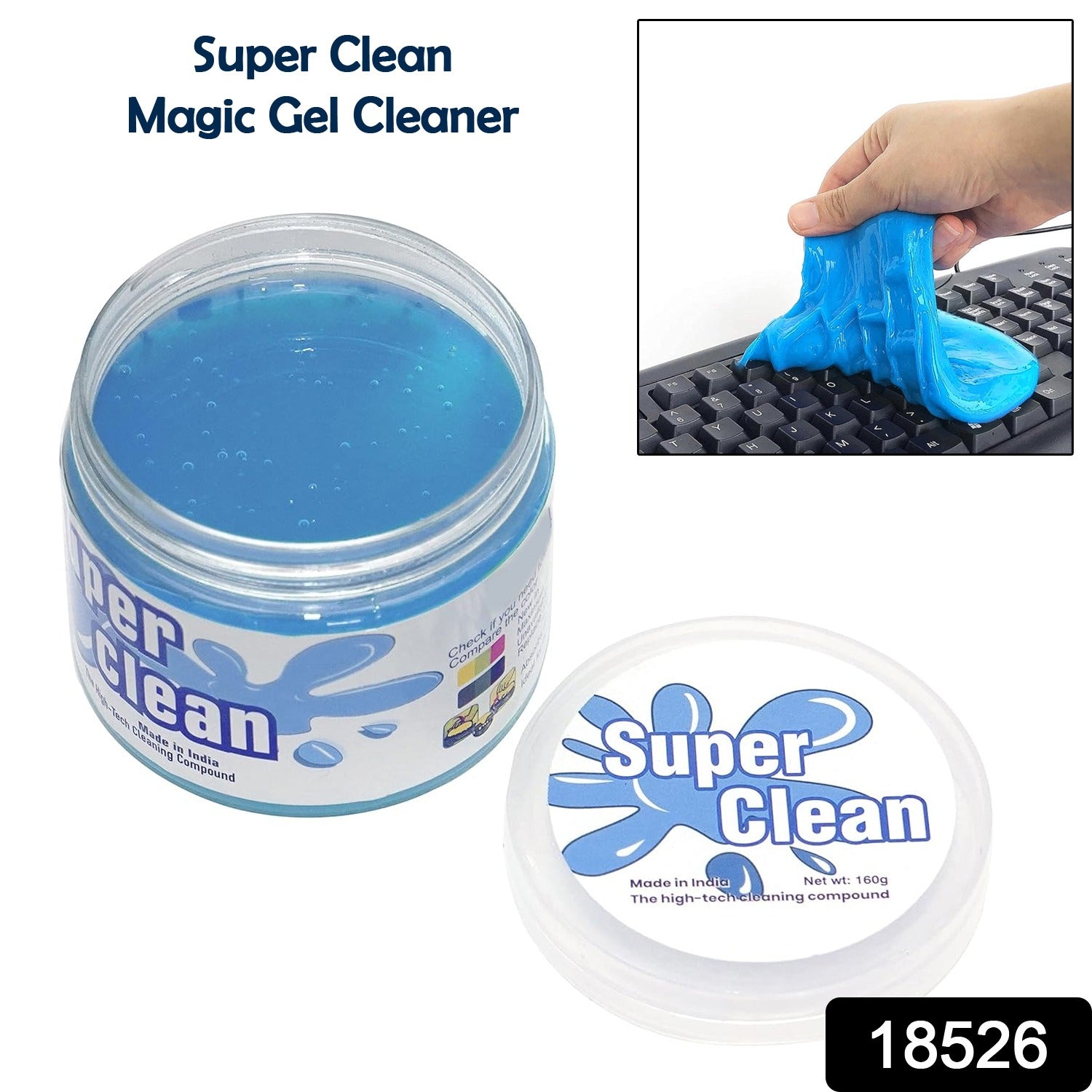 Flexible cleaning gel being pressed onto a keyboard to remove dust and crumbs from keys.