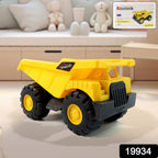 Close-up of a toy dump truck toy showcasing tipping bed and rugged wheels