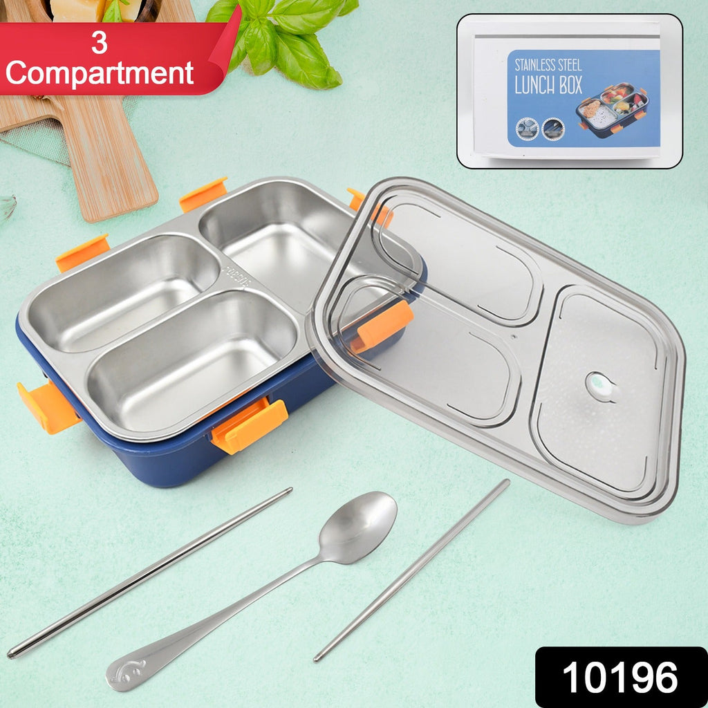 Leak-proof stainless steel lunch box with clear lid showing three compartments.