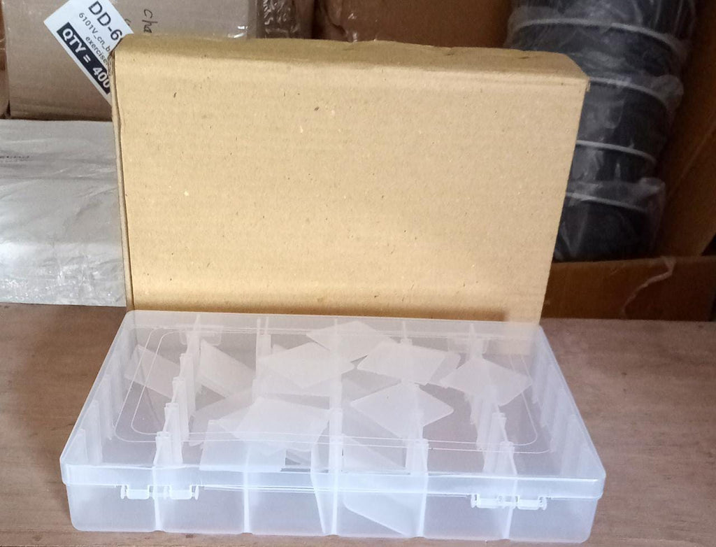Empty clear plastic organizer box with adjustable dividers for various items.