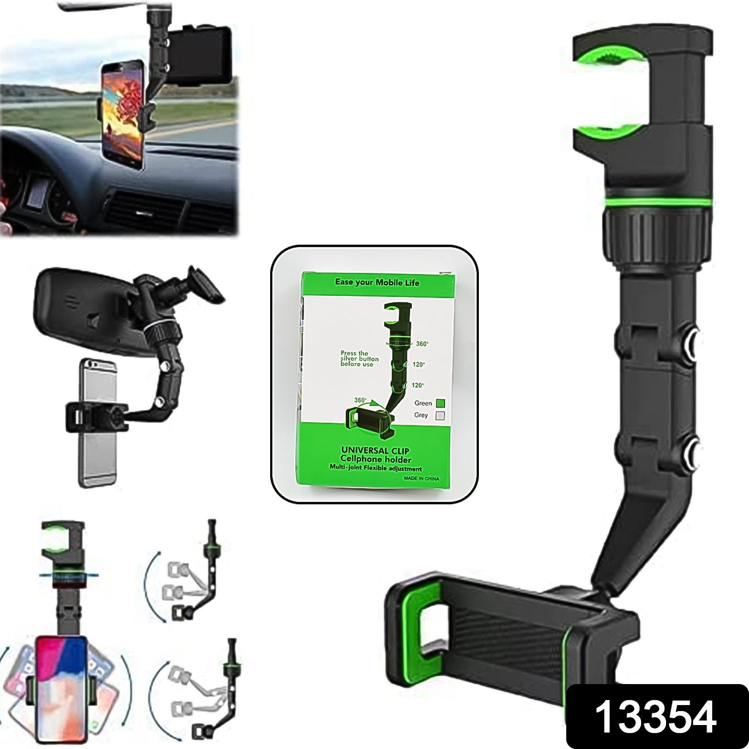 Close-up of the adjustable clip mechanism on the car rear view mobile holder.
