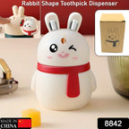 Close-up of the cute rabbit face on the red toothpick dispenser, highlighting its smiling expression.
