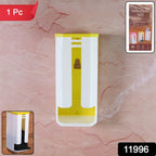 Compact plastic bag organizer box mounted on a kitchen wall, saving space.