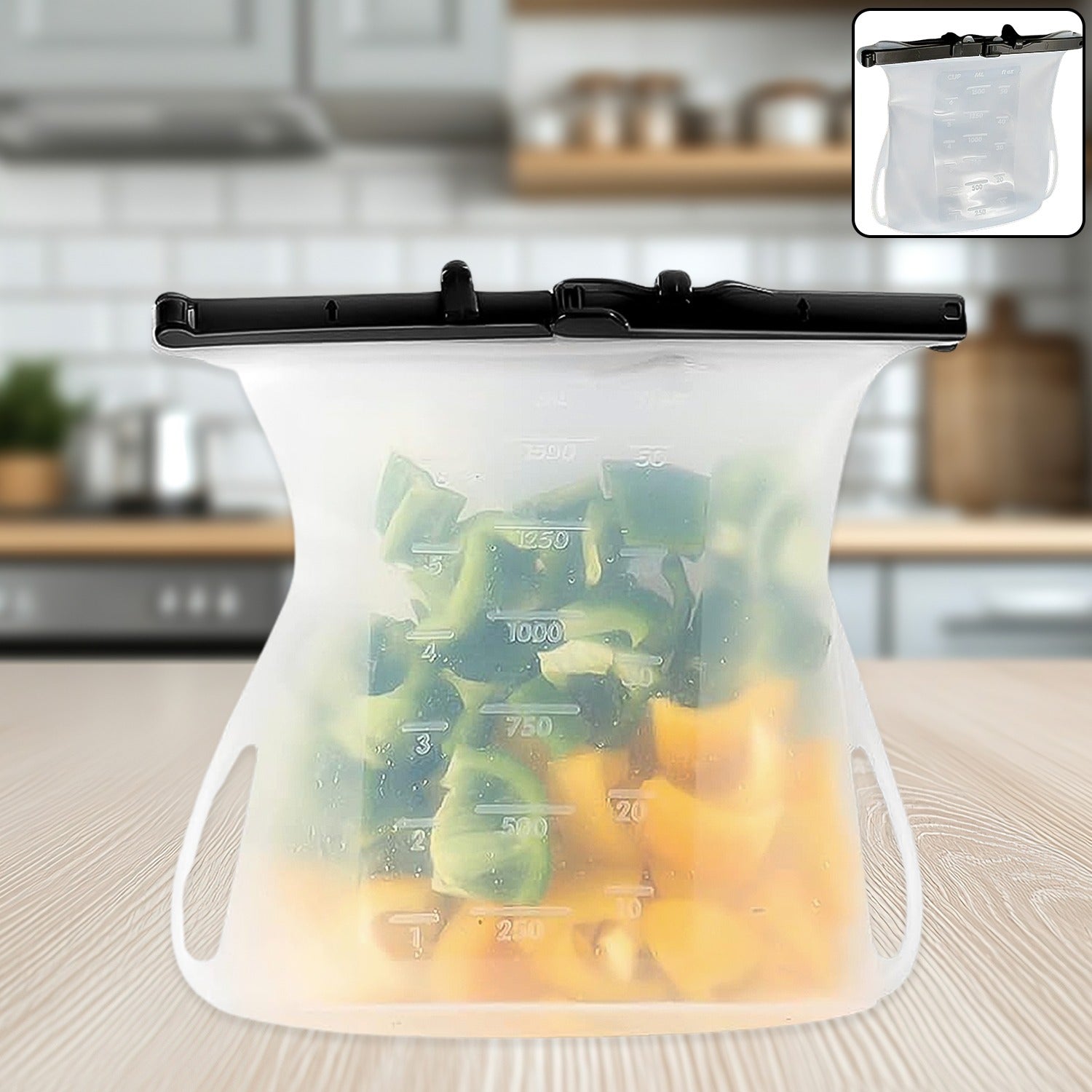 Leakproof silicone food storage bag for keeping meals fresh.