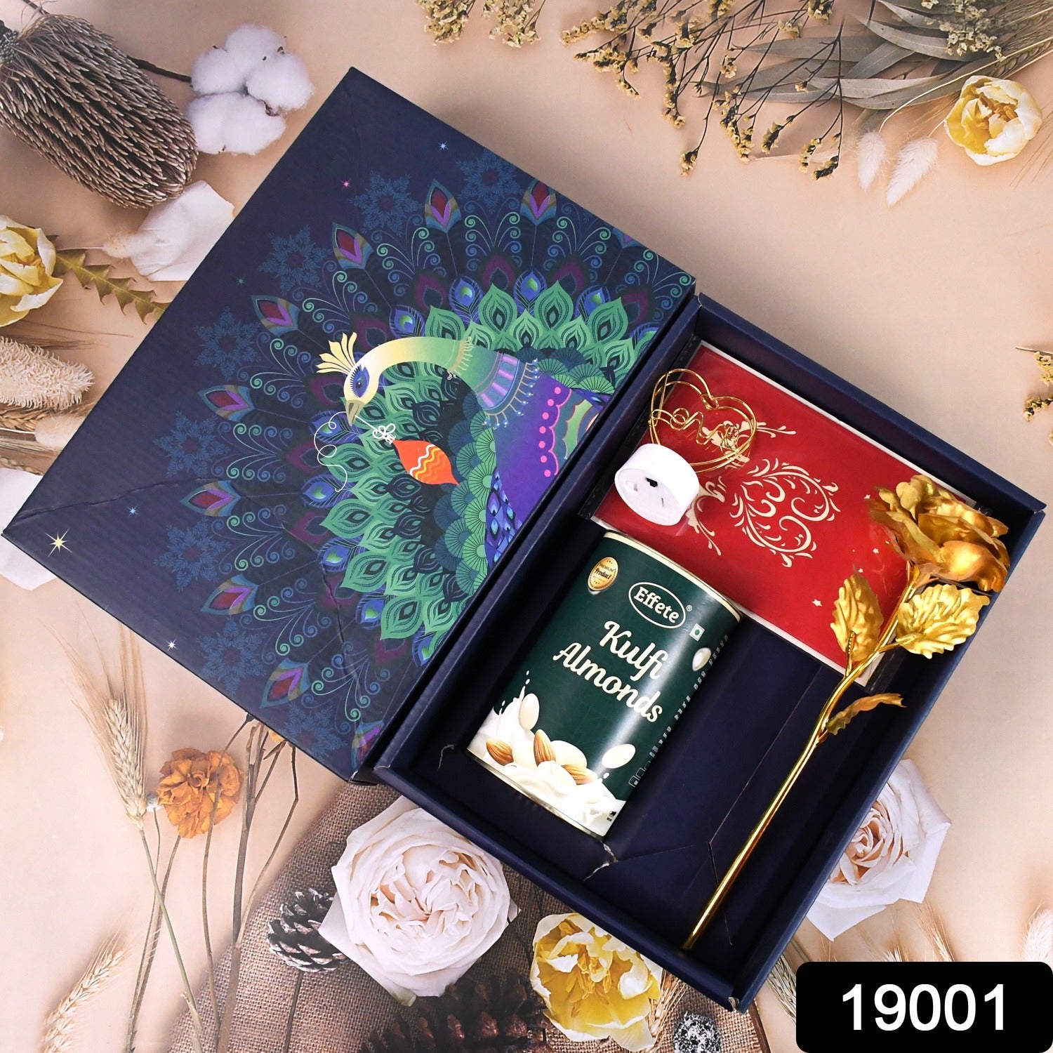 Valentine Gift Box with heart-shaped light, chocolates, and golden flower by Giftoiza