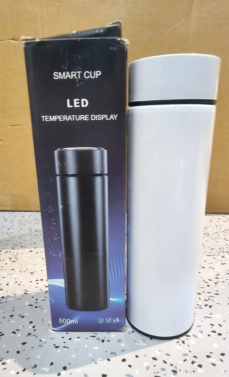 Portable smart water bottle with LED temperature screen in white color