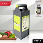 Multi-purpose kitchen tool showing different uses like grating carrots and slicing cucumbers.