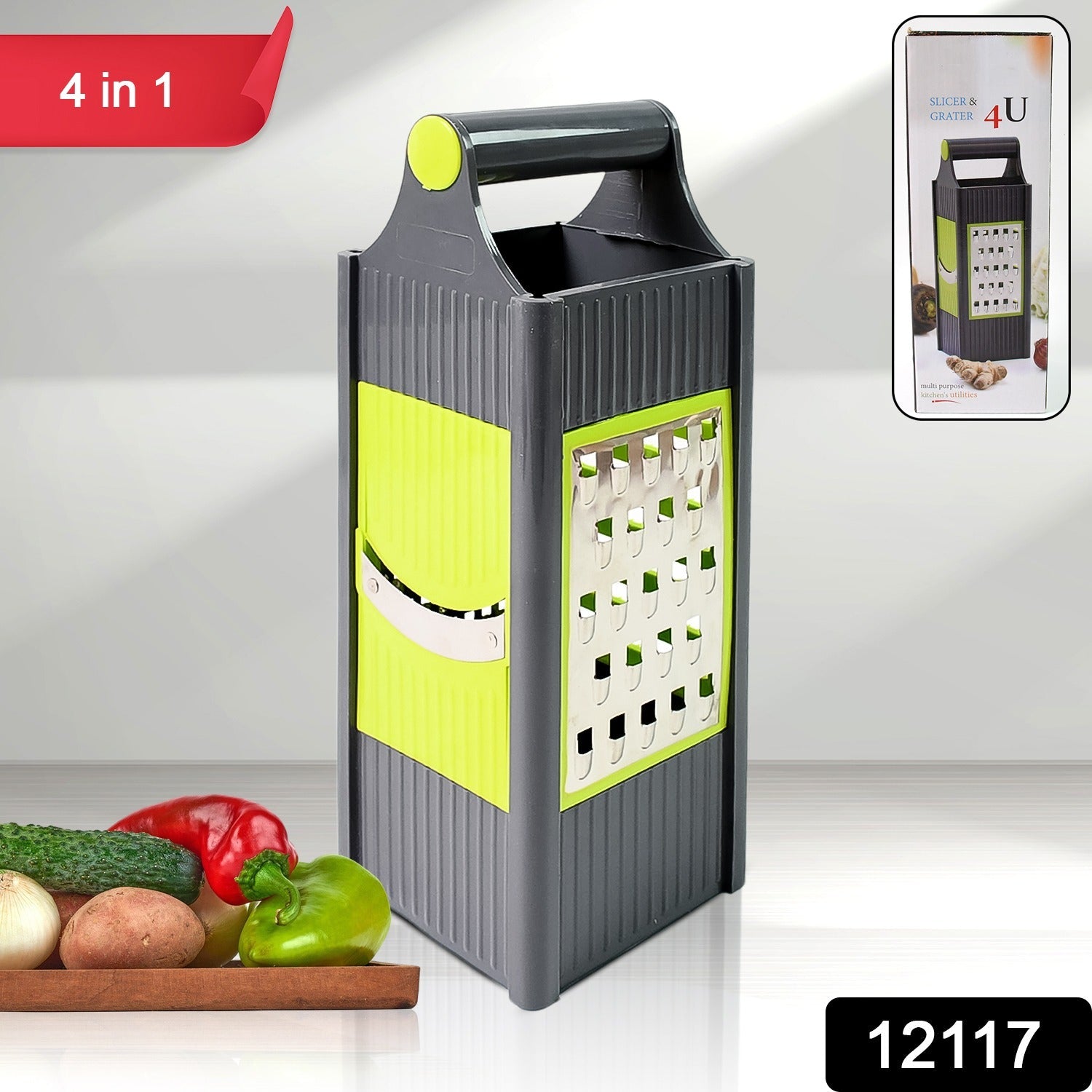 Multi-purpose kitchen tool showing different uses like grating carrots and slicing cucumbers.