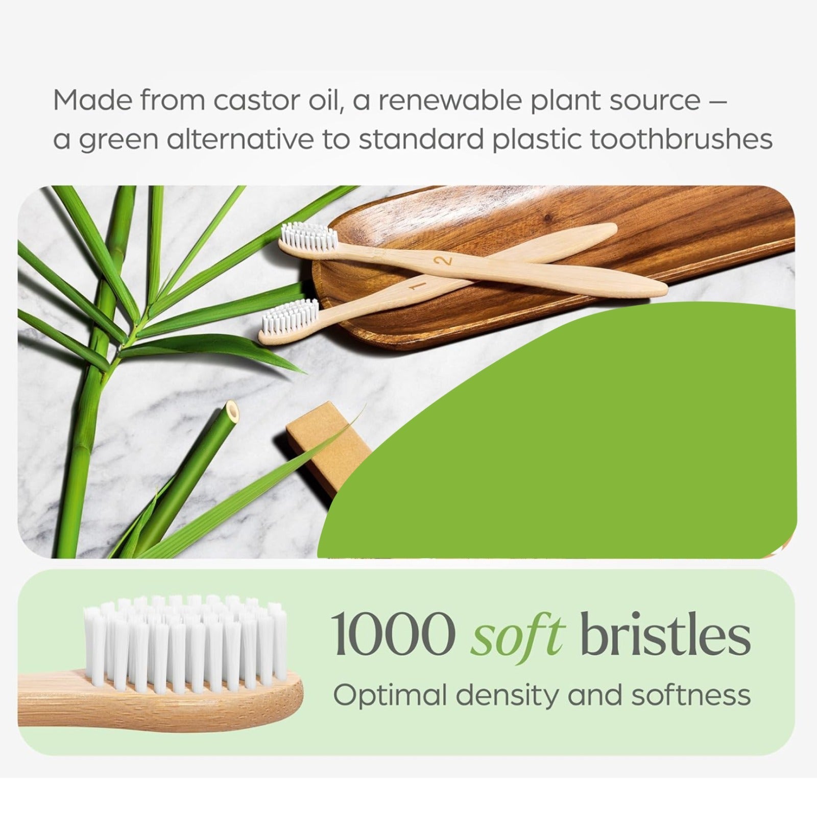 Close-up image showing medium nylon bristles on a bamboo toothbrush