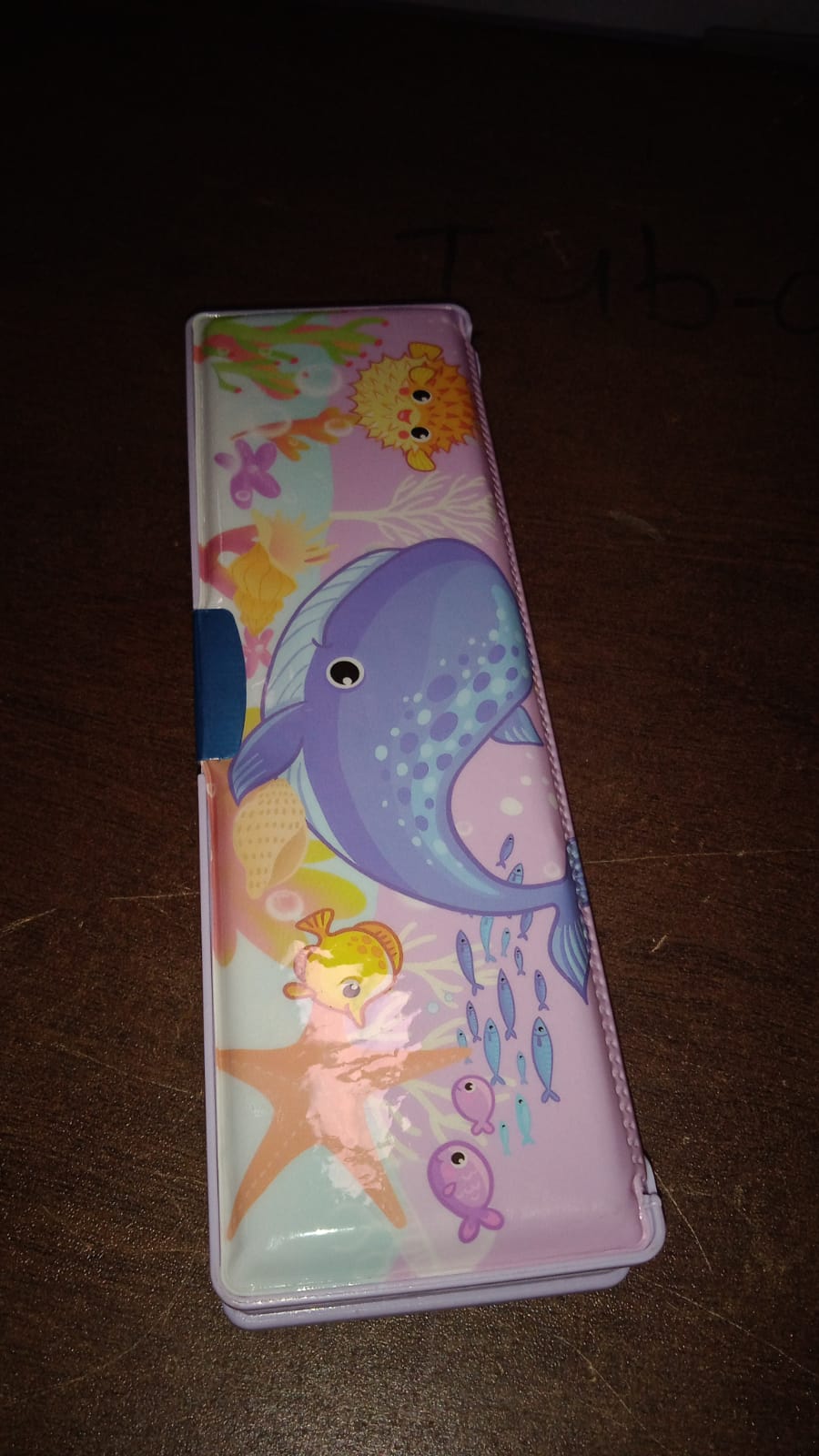 Brightly colored plastic pencil case, perfect for young students.
