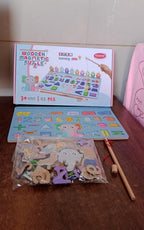 Neatly stacked wooden number pieces from the learning number puzzle set.