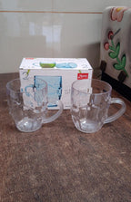 Side view of clear shake mug highlighting handle and textured surface