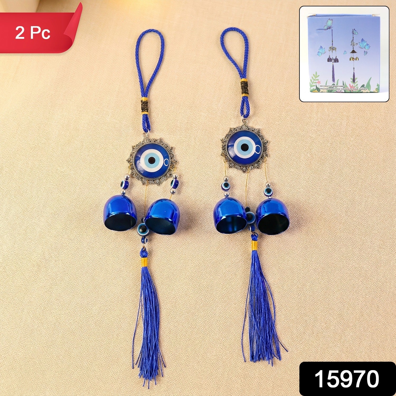 Set of two evil eye wind chime pieces designed for home and car decoration