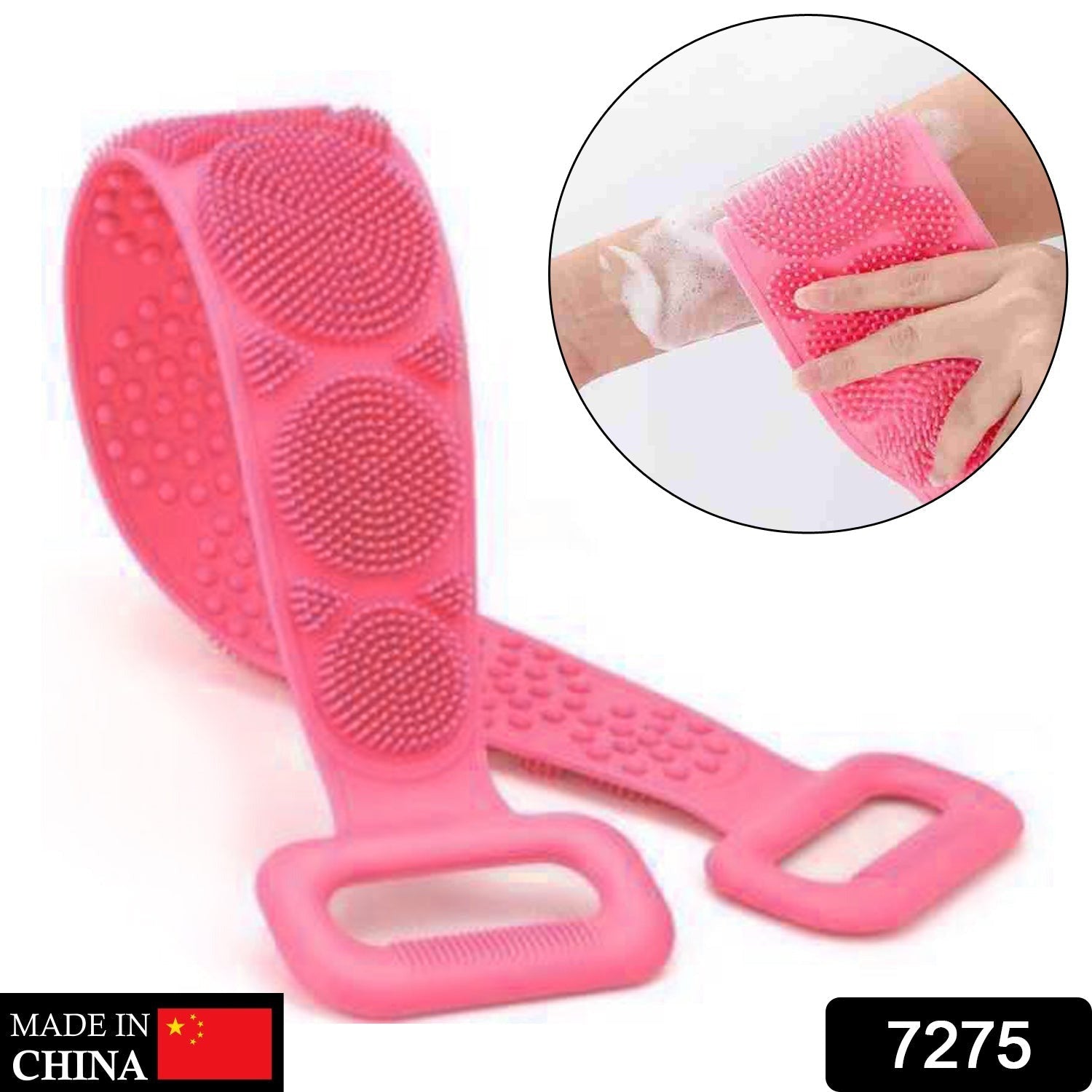 Lifestyle image of the silicone body back scrubber in a bathroom setting.