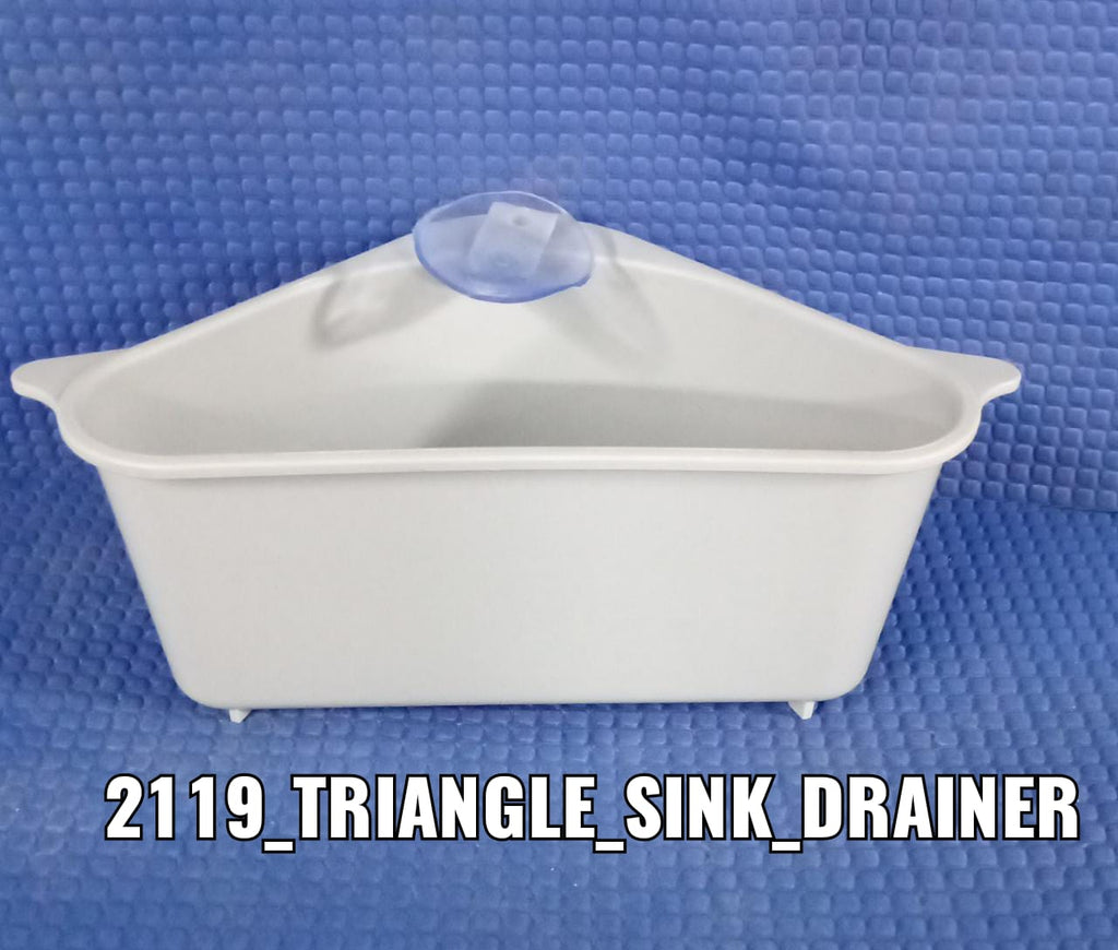 Plastic triangular sink organizer with strong suction cup attachment.