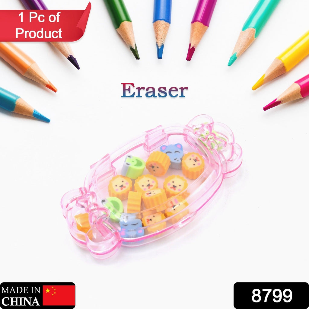 Close-up view of various cute multi-design erasers from the school set.