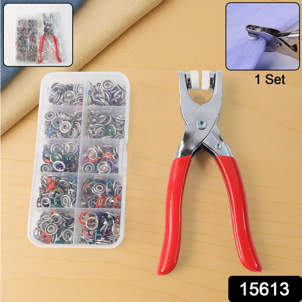 Ergonomic snap button plier tool installing a fastener on fabric surface