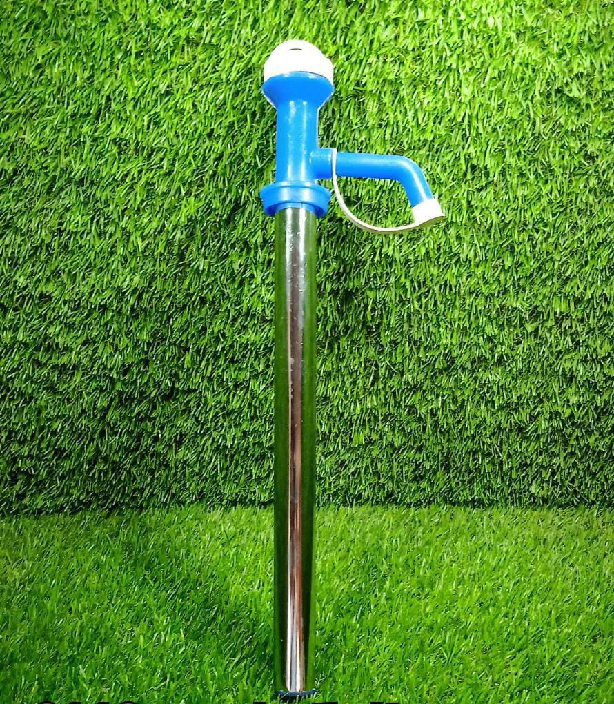 Complete view of the manual kitchen oil pump in polished stainless steel.