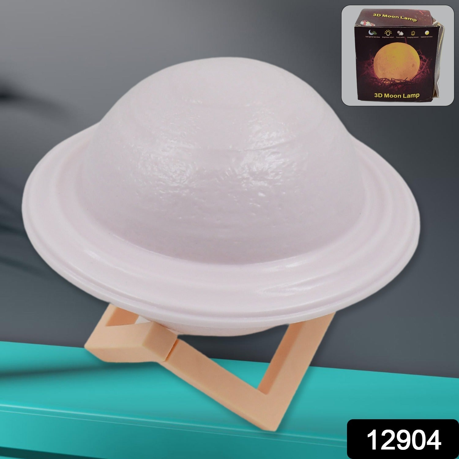 Multicolor 3D Saturn night light displayed on its elegant wooden base.