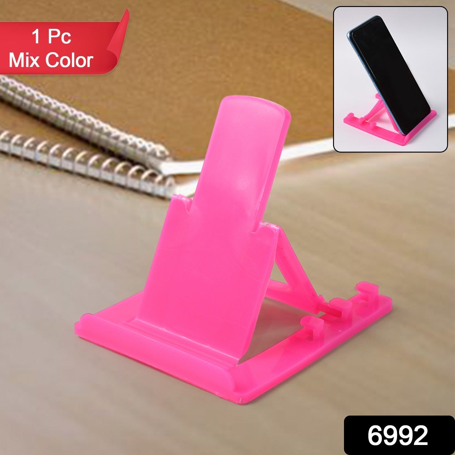 Portable foldable plastic mobile phone stand showing adjustable tilt angles