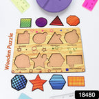 Child's hands placing a wooden triangle piece into the educational puzzle board.