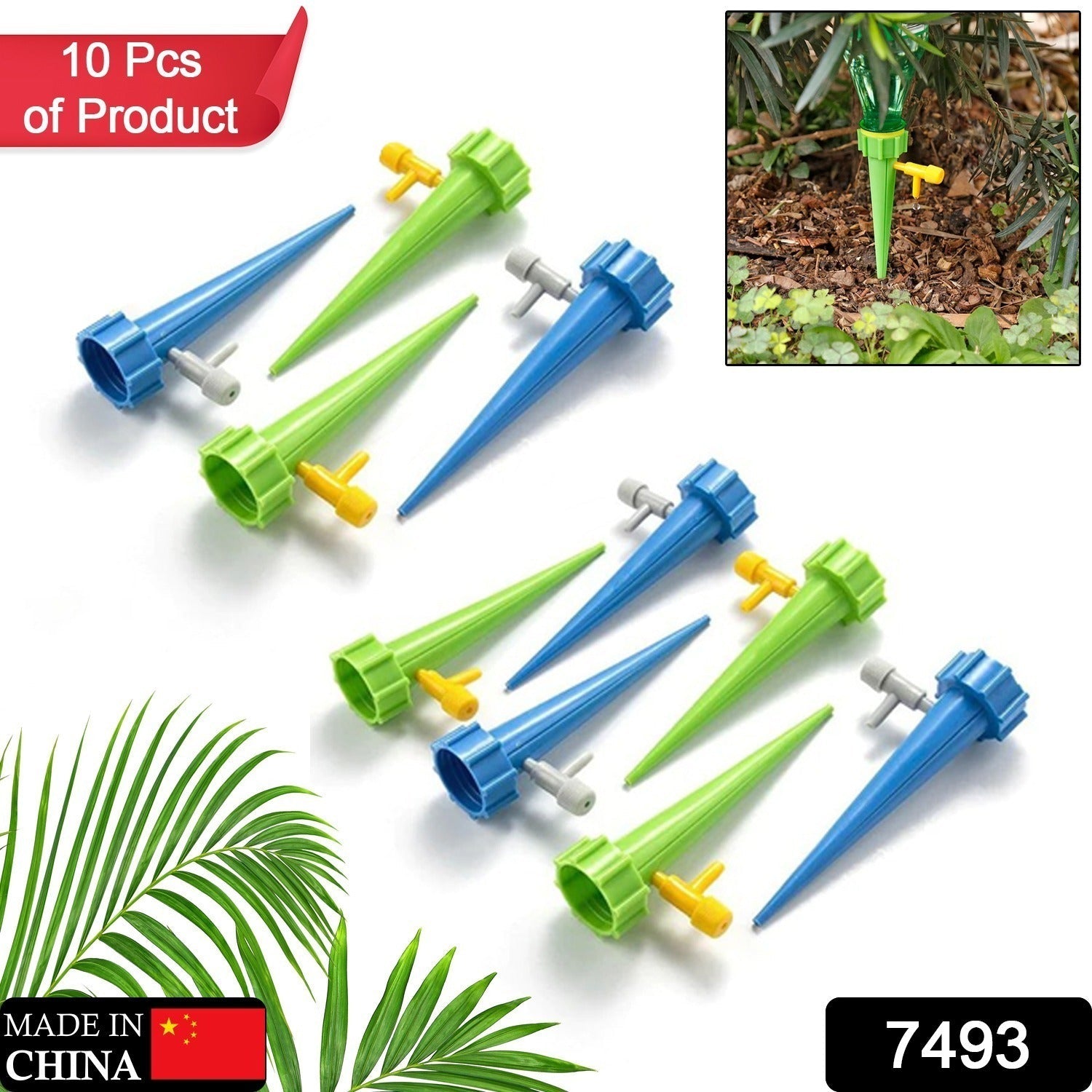Multiple plant watering spikes and control valves displayed neatly.