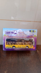Rear view of die-cast London double decker sightseeing bus toy showing pull-back wheels