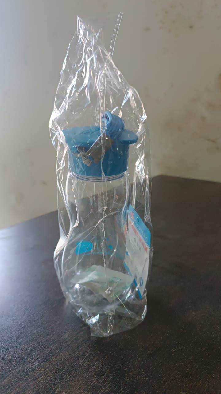 BPA-free plastic water bottle, designed for easy portability and safe drinking.