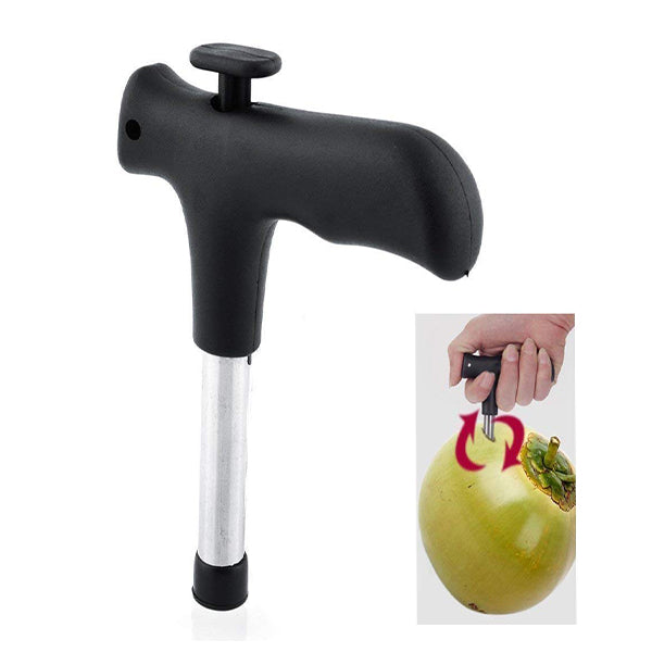 Coconut opener with a comfortable black ergonomic handle.